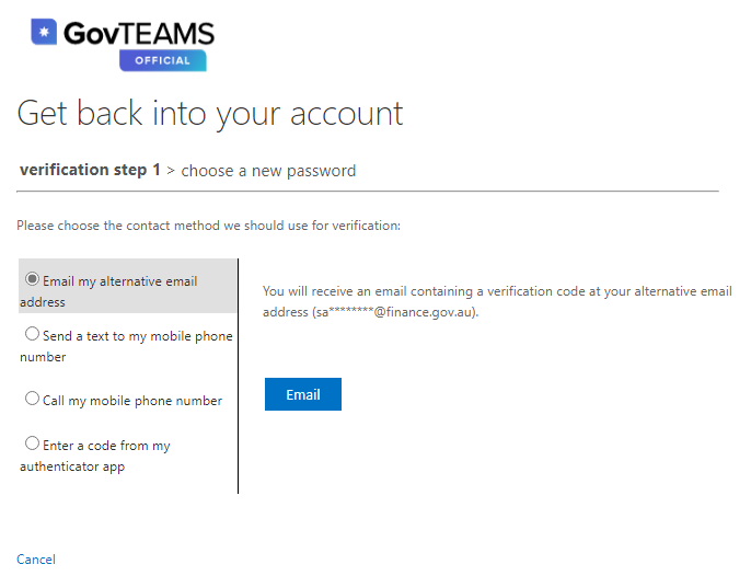 Screenshot of device showing get back into your account screen