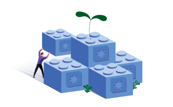Man building blue lego bricks with plant coming out the top